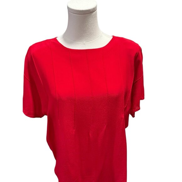 Vintage 80s Silk Short Sleeve Red Pintuck Blouse W/ Shoulder Pads Womens Medium - Picture 3 of 10